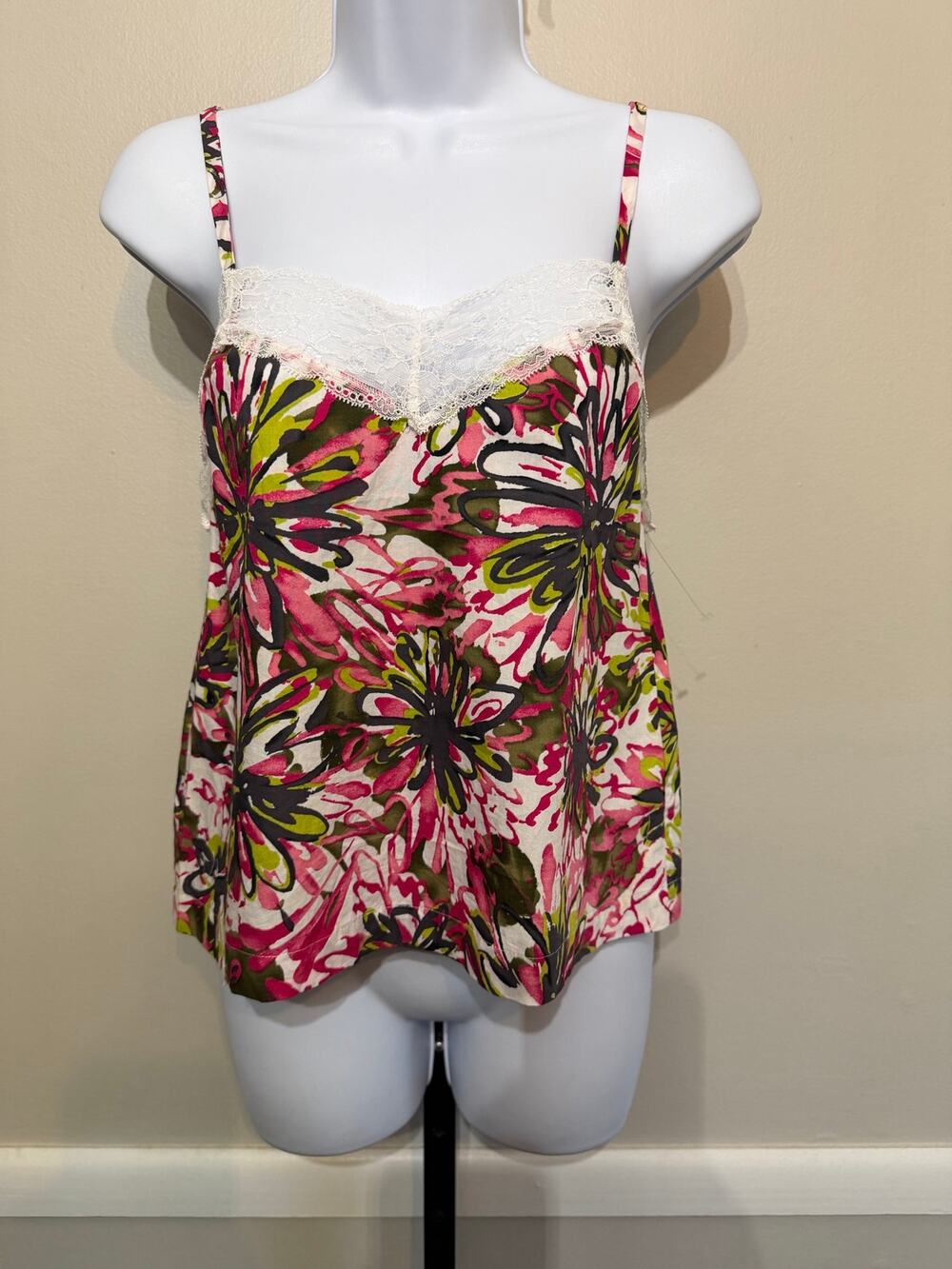 Trina Turk Floral Print Lace Trim Cotton Cami Tank Top Pink SP NWT